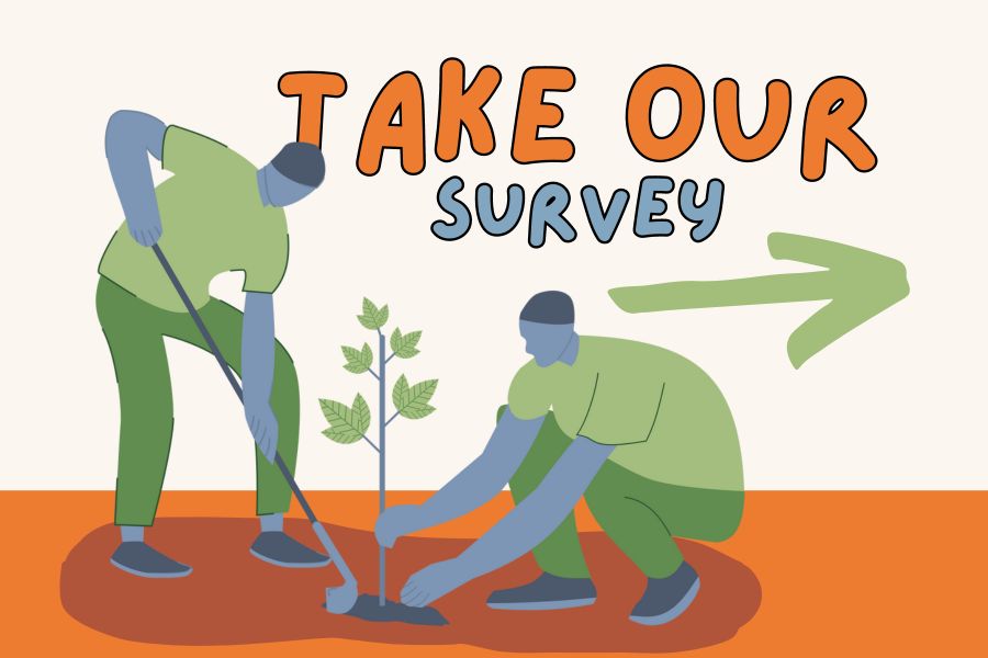 "Take Our Survey" Illustrated people planting a tree